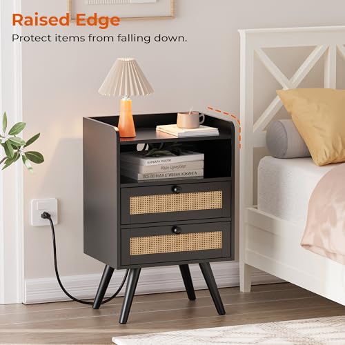 Nightstand with Built-In Charger Station, Boho Rattan Set of 2 - Black, 15.8"W x 11.8"D x 25.2"H