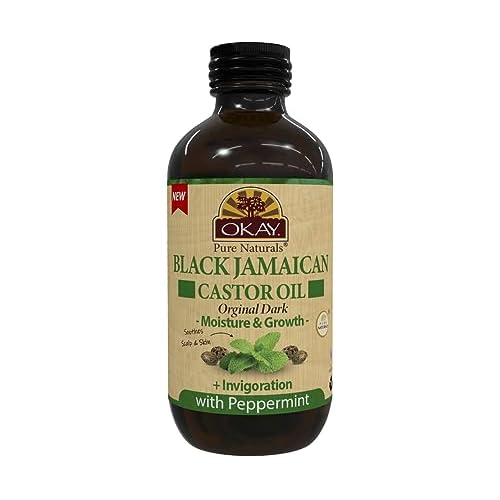 Okay Pure Naturals Black Jamaican Castor Oil - Castor Oil for Hair Growth, Moisture for Skin, Face, Scalp, Eyelashes, Eyebrows - Hair Oil for Men & Women - Peppermint, 4 oz Glass Bottle