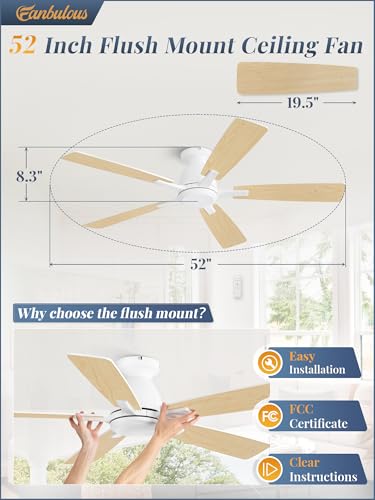 White 52 Inch Flush Mount Ceiling Fan No Light with Remote Control