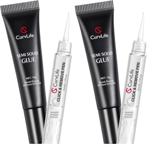 Semi Solid Nail Glue Gel Pack of 2 15g with Nail Remover Pen - No UV Needed