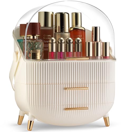 Large Clear Makeup Organizer with Lid & Drawers - White Variation