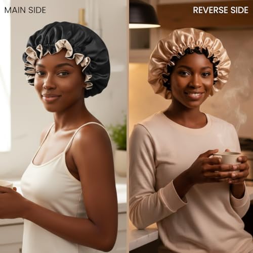 Silk Hair Bonnet for Sleeping, Reversible Bonnets for Black Women, Curly Hair Women Accessories (Black/Champagne)