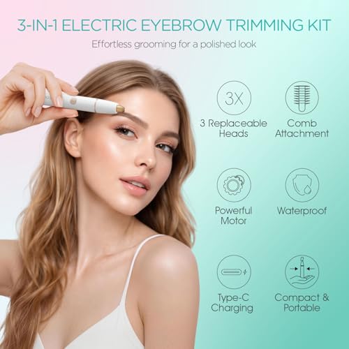 Eyebrow Trimmer for Women, 3-in-1 Electric Eyebrow Razor & Facial Hair Remover, Painless Rechargeable & Portable for Brows, Peach Fuzz, Lips and Chin (White)