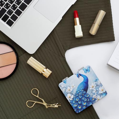 UTRSIFB Magnifying Travel Mirror, Dual-Sided Portable Square Mirror, Perfect for Makeup Skincare Routine,(Blue Peacock and White Flowers)