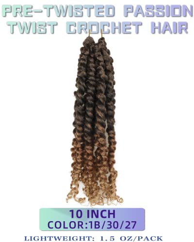 Pre-twisted Passion Twist Crochet Hair 10 Inch 8 Pack Ombre Black Blonde Brown - Soft & Bouncy Synthetic Extensions T1B/30/27
