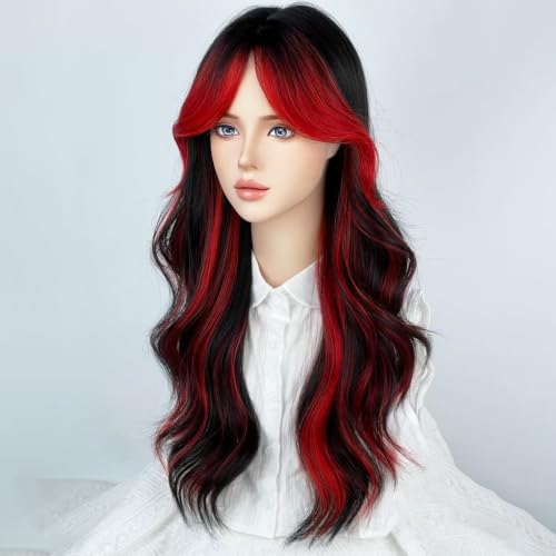 WTHCOS Black Red Ombre Cosplay Wigs for Women Long Curly Wavy Heat-Resistant Synthetic Hair with Curtain Bangs