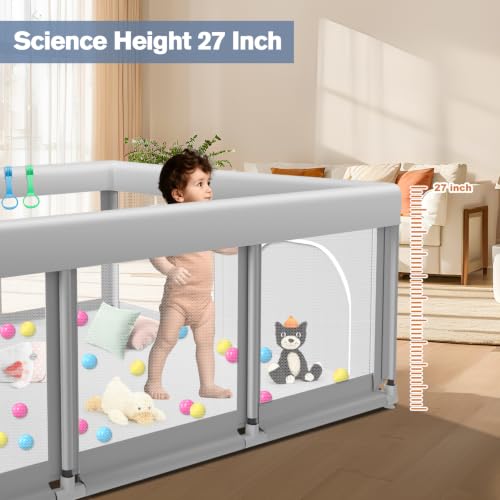 Large Baby Playpen 74x50x27 Inches with Soft Mesh, Anti-Slip Base - Grey