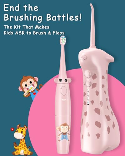 Pink Kids Water Flosser & Electric Toothbrush Combo for Ages 6-12 - Braces-Friendly Giraffe & Monkey Design