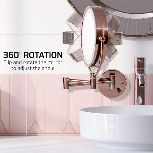 OVENTE Wall Mounted Lighted Makeup Vanity Mirror, 9" Hard Wired Double Sided 1X/7X Magnifying Bathroom Mirror, Dimmable LED Lights, 360¡Æ Rotation and 14" Extendable Arm, Antique Brass MPWD3185AB1X7X