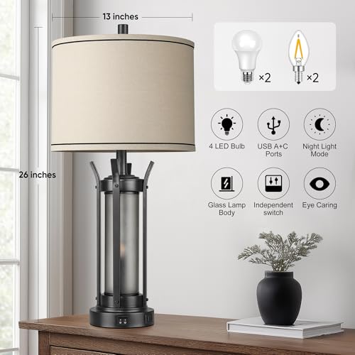 QiMH 26 Inch Rustic Black Table Lamp Set - Farmhouse Bedside Lighting with USB Ports - Style 1