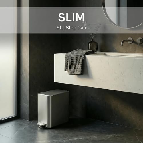 simplehuman 9L Slim Step Trash Can - Brushed Stainless Steel, Internal Hinge