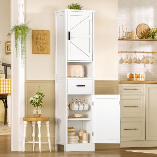 White Tall Bathroom Storage Cabinet with Barn Doors and Drawer - 67 Inch
