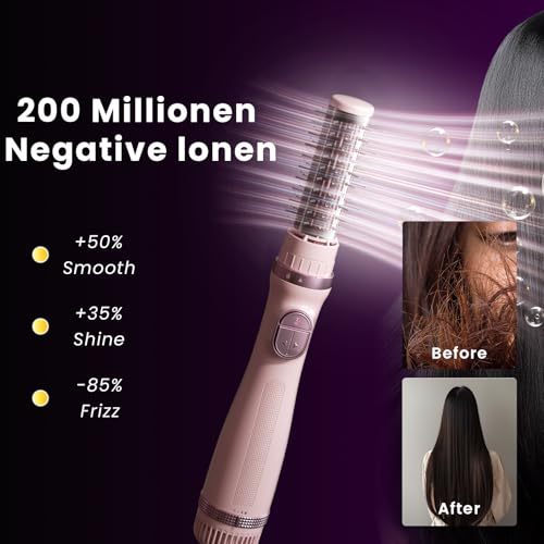 Pink 3-in-1 Rotating Hair Dryer Brush with 3 Attachments for Styling & Volumizing