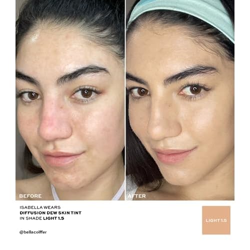 MAKE Beauty Diffusion Dew Skin Tint. Sheer to Medium Coverage Radiant Finish. Blurring, Smoothing, and Brightening. Enhanced with Niacinamide and Adenosine. Diffusion Dew - Light 01.5