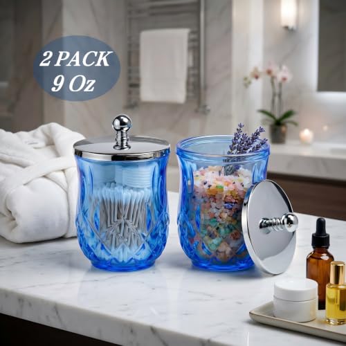 Blue 10Oz Glass Q-Tip Holder 2 Pack - Round Bathroom Cotton Organizer