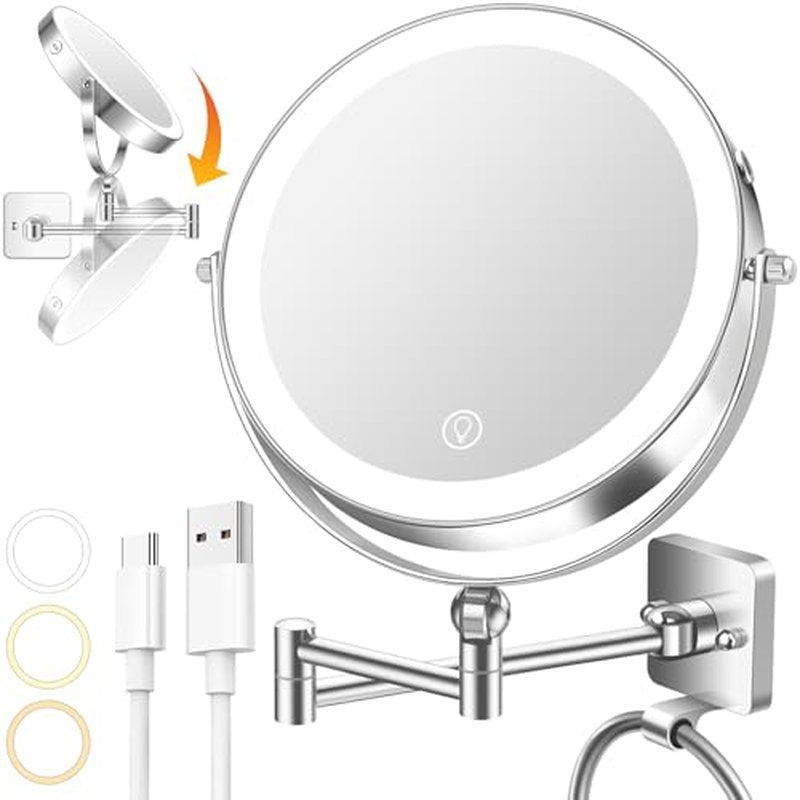 10x Large Wall Mounted Makeup Mirrror, Height Adjustable Lighted Mirror, 8" Double Sided Mirror, 1X/10X Magnifying Bathroom Mirror, 360¡Æ Rotation Adjustable, Detachable Ring, 3 Color Lights