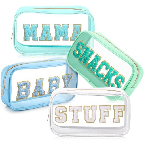 4 Pcs Mama and Baby Toiletry Bag Clear Chenille Letter Pouch Snacks Makeup Stuff Travel Diaper Bag Preppy Transparent Pouch with Zipper for Women Gift(Fresh Color)