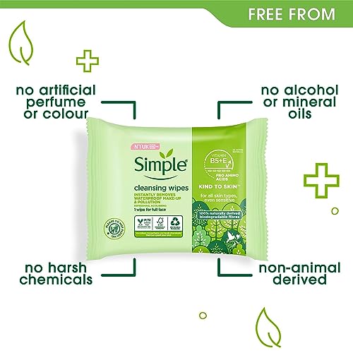 Simple Aloe Vera Sensitive Skin Facial Wipes - Waterproof Makeup Remover, 25 Count (4 Pack)
