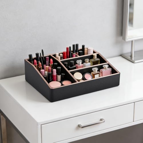 Large Black PU Leather Makeup Organizer Tray with 5 Compartments - Vanity Storage