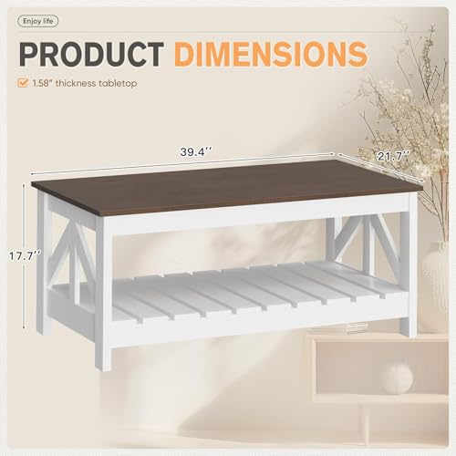YESHOMY Farmhouse Coffee Table with Storage - Brown & White Rectangular