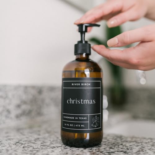 River Birch Christmas Scented Natural Hand Soap with Amber Dispenser - Moisturizing & Vegan, 16 Fl Oz