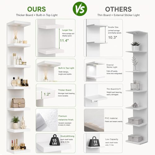 White 7-Tier Wall Shelf Unit with LED Light - Floating Display Shelves