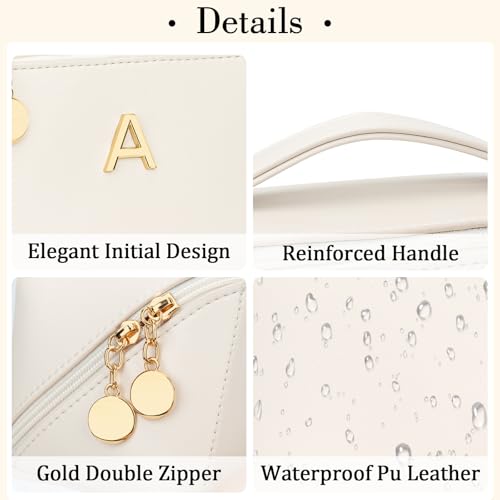 CLOUDWINGS Large Personalized Makeup Bag Set for Women & Teen Girls - Beige, Initial Customization, Travel Organizer