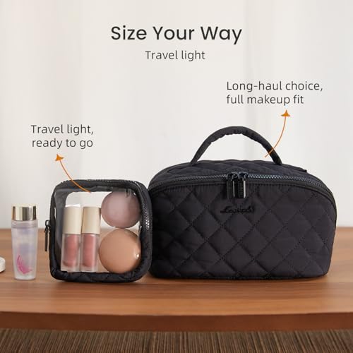 LOVEVOOK Travel Makeup Bag for Women - Medium Black Puffer Cosmetic Organizer Set