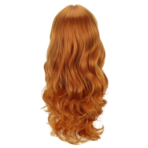 RightOn Orange Long Curly Wig with Bangs for Women - 55cm Synthetic Party Hair