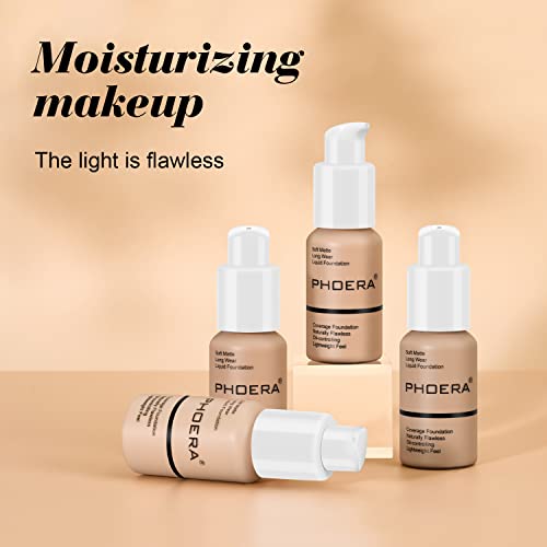 BestLand 2Pack PHOERA Foundation Full Coverage Liquid Foundation Cream - Long-lasting Lightweight Concealer - Oil-Free Formula - Natural Shade - Suitable for All Skin Types (102 Nude & 104 Buff Beige)