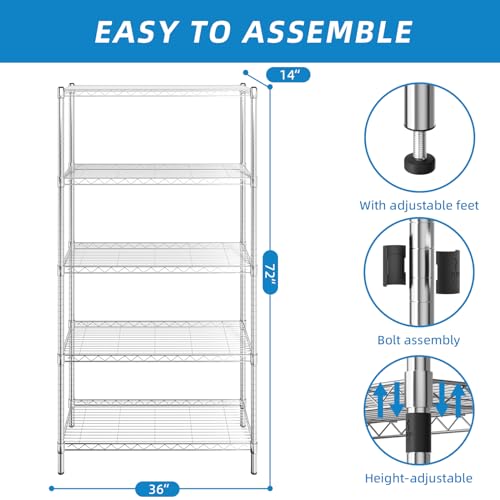 Adjustable Metal Wire Shelving Unit - Chrome Finish, 36 x 14 x 72 Inches with 5 Shelves