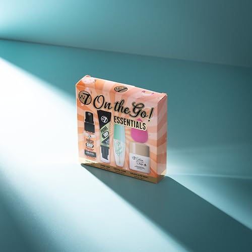 W7 On the Go Essentials Set - Mini Makeup Must-Haves with Primer, Setting Spray, Mascara, Golden Glow Bronzing Drops & Beauty Sponge - Travel or Handbag Size Essentials