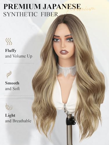 Ombre Blonde Wigs for Women Long Curly Wavy Synthetic Heat-Resistant Hair with Middle Part - Brown Blonde Variation