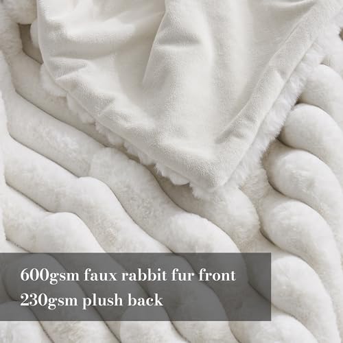 Faux Fur Throw Blanket - Ivory Striped, Oversized 55x70 Inches - Cozy & Soft