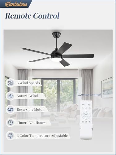 Fanbulous 48 Inch Black Ceiling Fan with Light & Remote, Reversible Blades, Dimmable LED