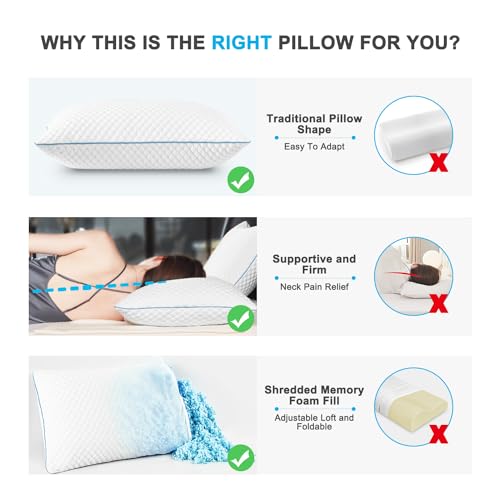 King Size Shredded Memory Foam Bed Pillows Set of 4 - Adjustable Support, Cooling Cover