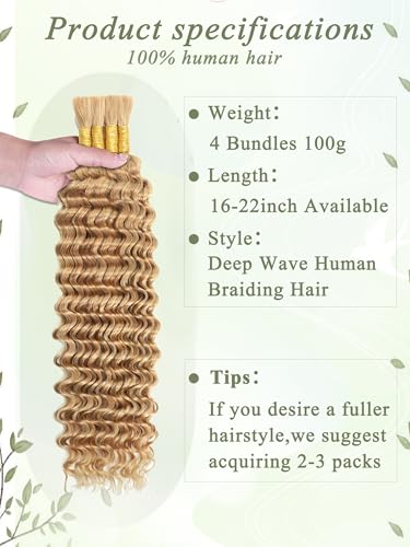 Honey Blonde Human Braiding Hair #27 16 Inch Deep Wave Bulk Bundles for Boho Braids