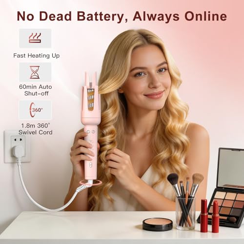 Laluztop Rose Gold Automatic Curling Iron – 4 Temp Auto Curl, 2-Way Rotation, Anti-Scald