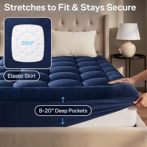 Navy Blue King Mattress Topper - Ultra Soft, Back Pain Relief, Rayon Bamboo