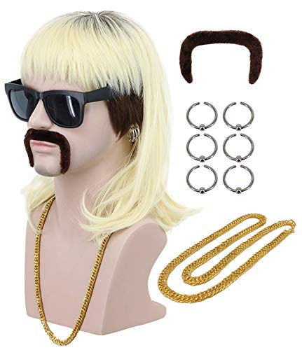 Men's Long Curly Blonde Rocker Mullet Wig with Mustache and Accessories