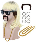 Men's Long Curly Blonde Rocker Mullet Wig with Mustache and Accessories