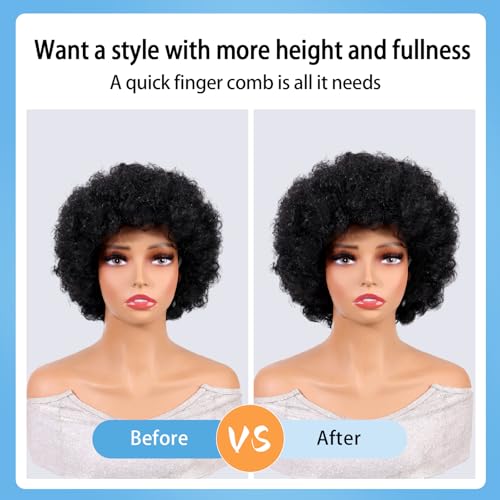 Black 6 Inch Afro Curly Wig for Women - Short Human Hair Wig with Bangs