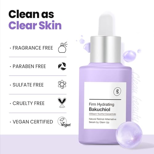 Glam Up Bakuchiol Serum & Hyaluronic Acid - Anti-Aging Retinol Alternative Serum, Blur Fine Lines, Anti-Wrinkles, Pore shrink and Soothing Pimples, Hydrate Facial Skin, Cruelty-Free (1.01 Fl Oz)