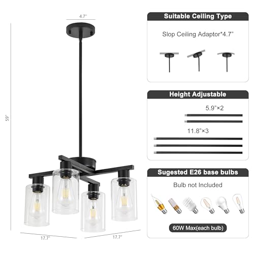 Black Farmhouse Chandelier 4-Light D18 Adjustable Pendant Lighting - Xeruyiwa