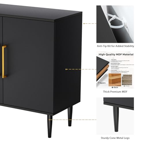 Black Storage Cabinet - Modern Buffet Sideboard with Shelves & Gold Handle