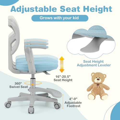 Kids Desk Chair with Adjustable Height Armrest & Footrest - Blue