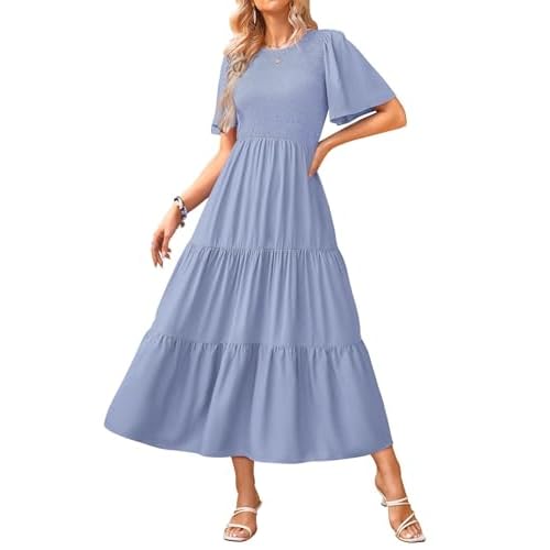 KIRUNDO Summer Dresses for Women 2026 Spring Casual Flutter Short Sleeve Wedding Guest Smocked Flowy Tiered Aline Midi Dress