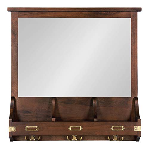 Kate and Laurel Stallard Wall Organizer Mirror with Pockets & Hooks 24L Walnut