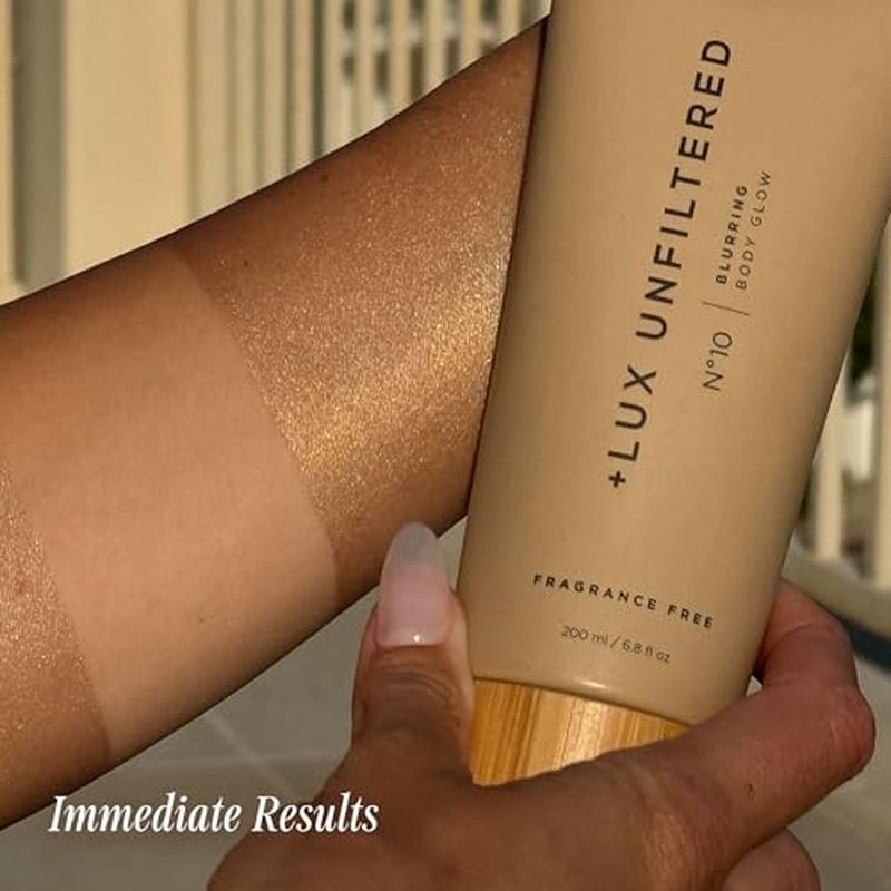 + Lux Unfiltered N¡Æ10 Blurring Body Glow Lotion - Instant Body Shimmer Lotion that Blurs Imperfections and Hydrates with Shea Butter, Squalane & Vitamin C - Vegan, Cruelty Free, Fragrance Free