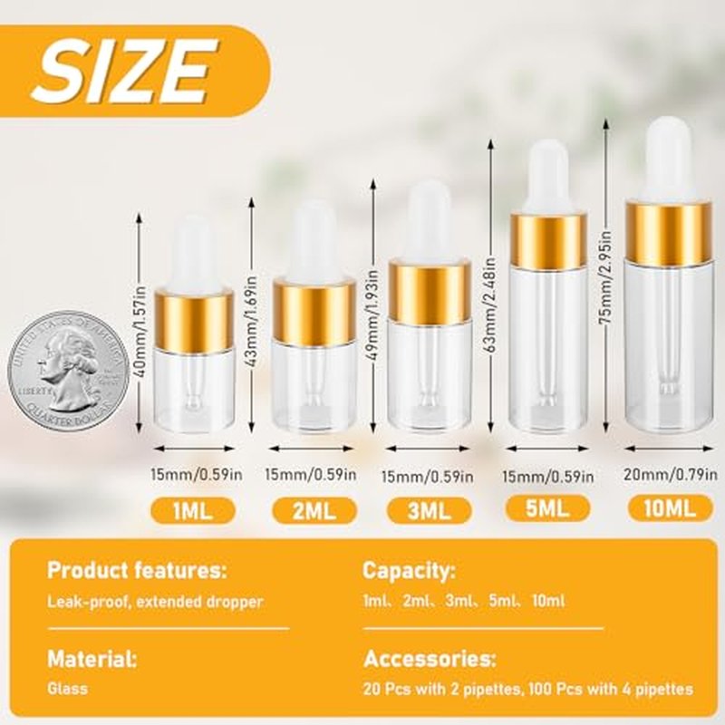 100 Pack Mini Dropper Bottle for Cuticle Oil, 10ml Small Sample Essential Oil Dropper Bottles for Travel, Clear Empty Vails for Cosmetic Perfume
